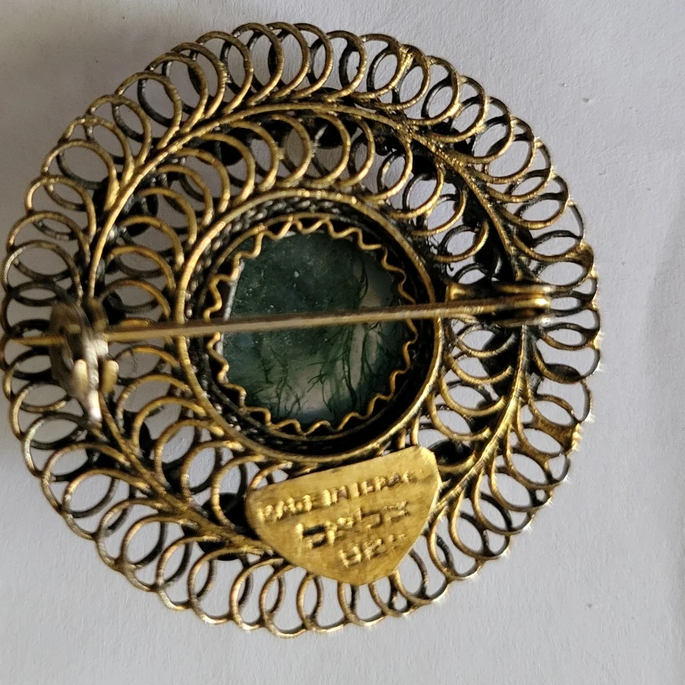 Vintage Eilat 925 Stone Brooch Made in Israel Gold and Green Round Brooch EUC